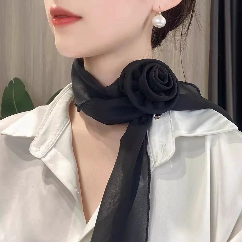 Summer Solid Color Rose Blossom Silk Scarf for Women Versatile and Stylish Thin Scarf for Neck Protection