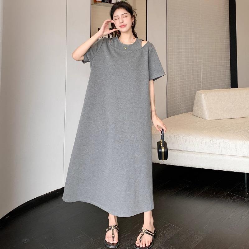 Women's Lazy T-shirt Dress Summer Temperament Off-the-shoulder Plus Size Slimming Over The Knee Dress