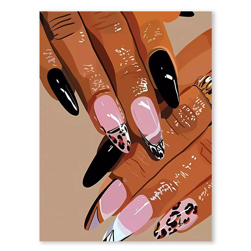 Pink Nail Art Gold Teeth and Necklace Poster Black African Woman Personalized Trendy Canvas Painting Bedroom Frameless Wall Art