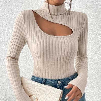 Herfststraat Uitgesneden Sexy Coltrui T-shirt voor Dames Mode Lange Mouw Slim Fit T-shirt Dames Casual Effen Vintage T-shirts Vrouw 25053