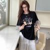 High Quality Pure Cotton Plus Size Tee Shirt Summer Funny Cartoon Print T Shirt Women Clothes Harajuku Oversized Mesh Splicing T-shirt Black Y2k Tops