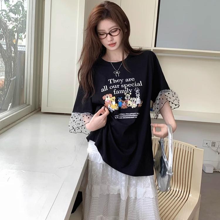 High Quality Pure Cotton Plus Size Tee Shirt Summer Funny Cartoon Print T Shirt Women Clothes Harajuku Oversized Mesh Splicing T-shirt Black Y2k Tops