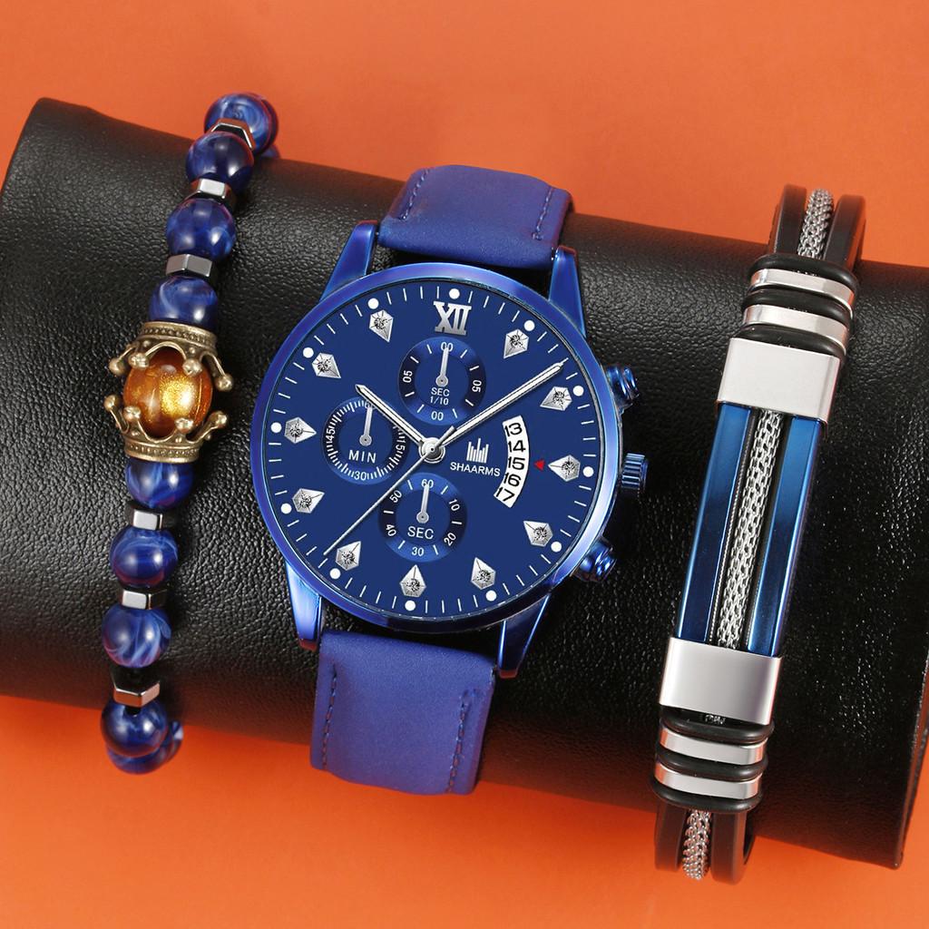 Classic Quartz Watch And Beaded Bracelet Set For Men With Decorative Elements