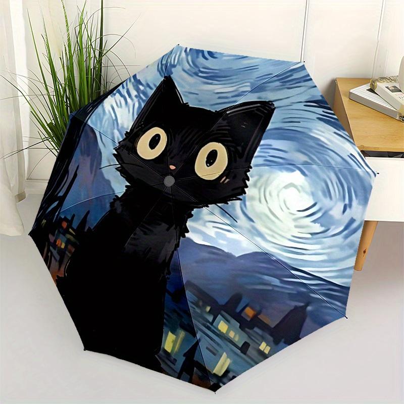 1pc Night Cat Automatic Folding Umbrella, 8-Rib Sturdy Canopy, Portable Travel Umbrella for Outdoor Use,083