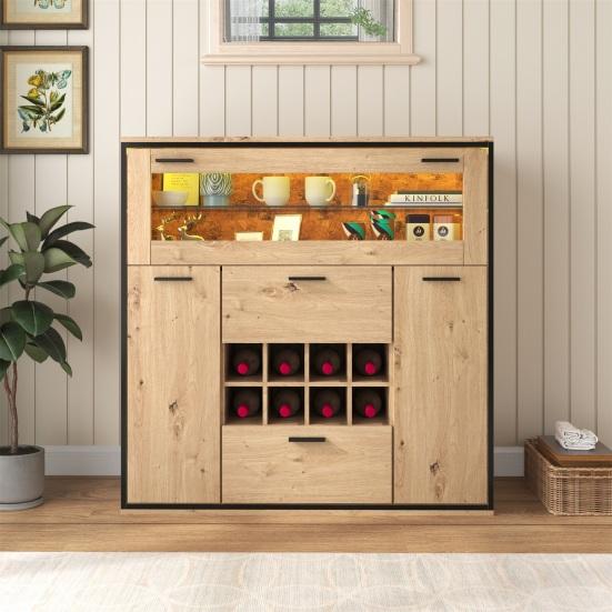 Elegant Wine Cabinet Spacious Countertop Sideboard with Double Doors 2 Drawers Glass Shelf Kitchen Holder Particle Board Bar Storage Buffet