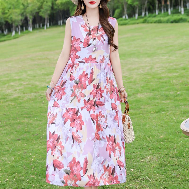 Elegant Sleeveless Dress for Women Plus Size Short Sleeve Vintage Print Long Dress Summer Casual Middle-aged Women's Clothing