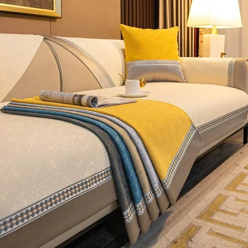 Modern Splicing Sofa Cover Solid Color Luxury Chenille Non-slip Sofa Cushion Four Seasons Universal Cover Anti Cat Scratch Mats