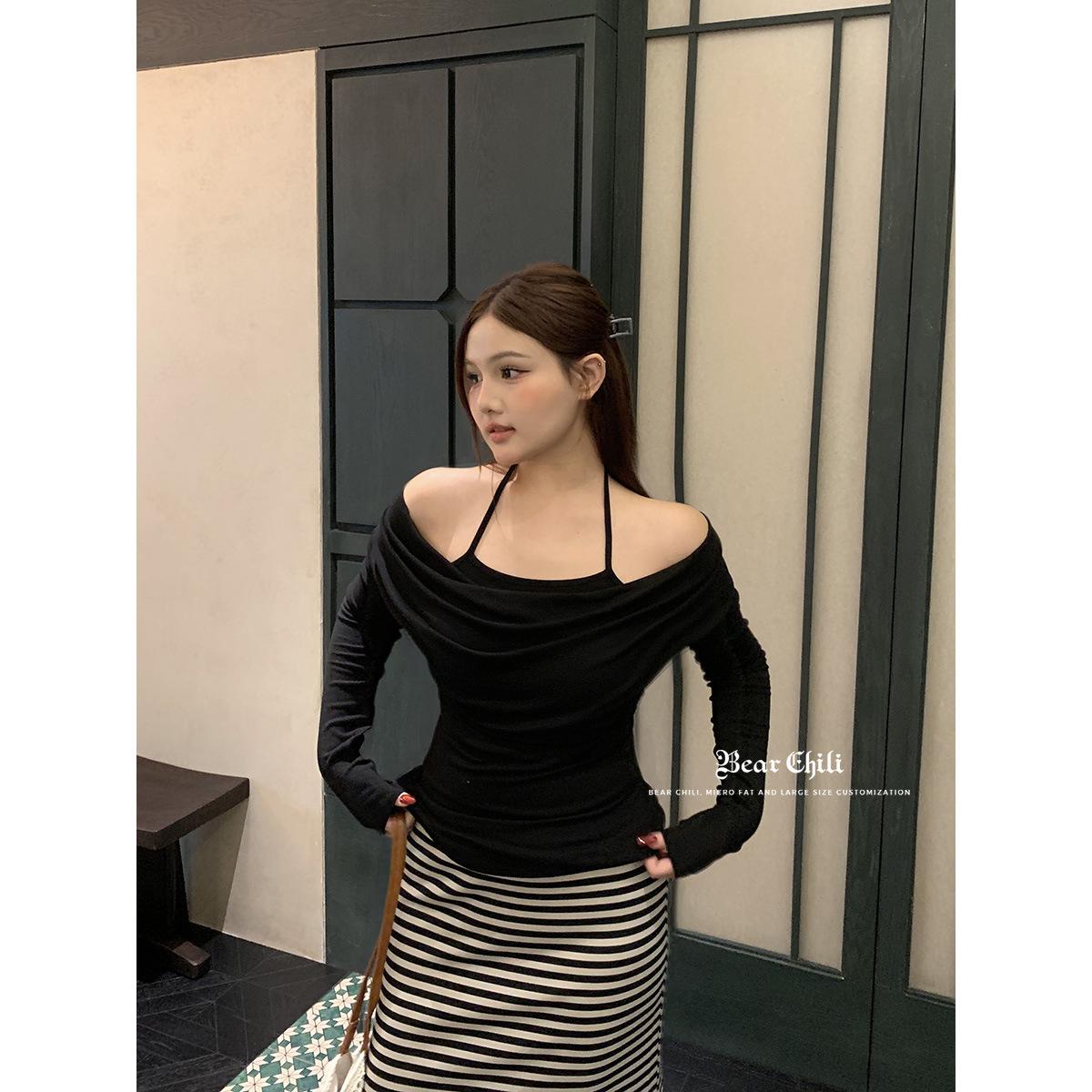 

Women s Bear Chili Cowl Neck Long Sleeve Two-Piece Style T-Shirt - Slim Fit, Halter Neck Design for Spring and Autumn 2XL