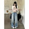 145 Small Light Blue Denim Female Summer Washed Unique Stylish Mop Wide Leg Loose Straight Pants