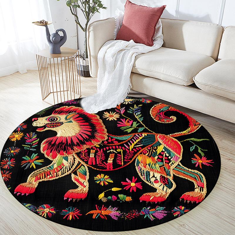 Flower Border Animals,Round Area Rug,Carpet Rug for Living Room Bedroom Sofa Playroom Decor,Non-slip Floor Mat
