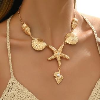 

Ladies Classic Simple Golden Ocean Style Star Conch Series White Acrylic Bead Pendant Necklace Elegant Chain Design Jewelry 1