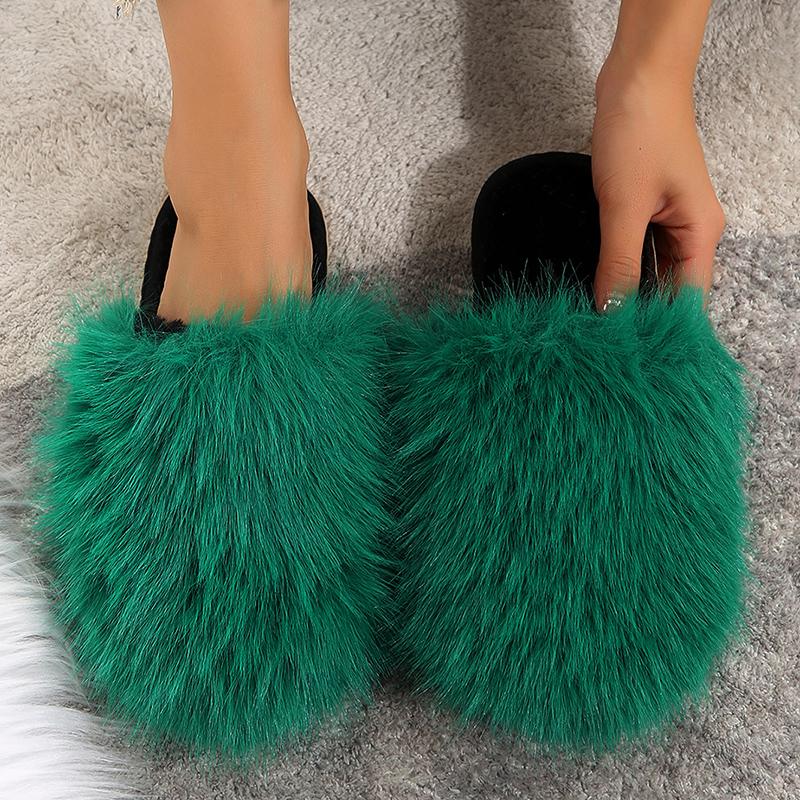 Fashion Closed Toe Fluffy Fur Slippers for Women Winter Plush Warm Indoor Home Slippers Woman Lightweight Flat Heels Couple Furry Slides