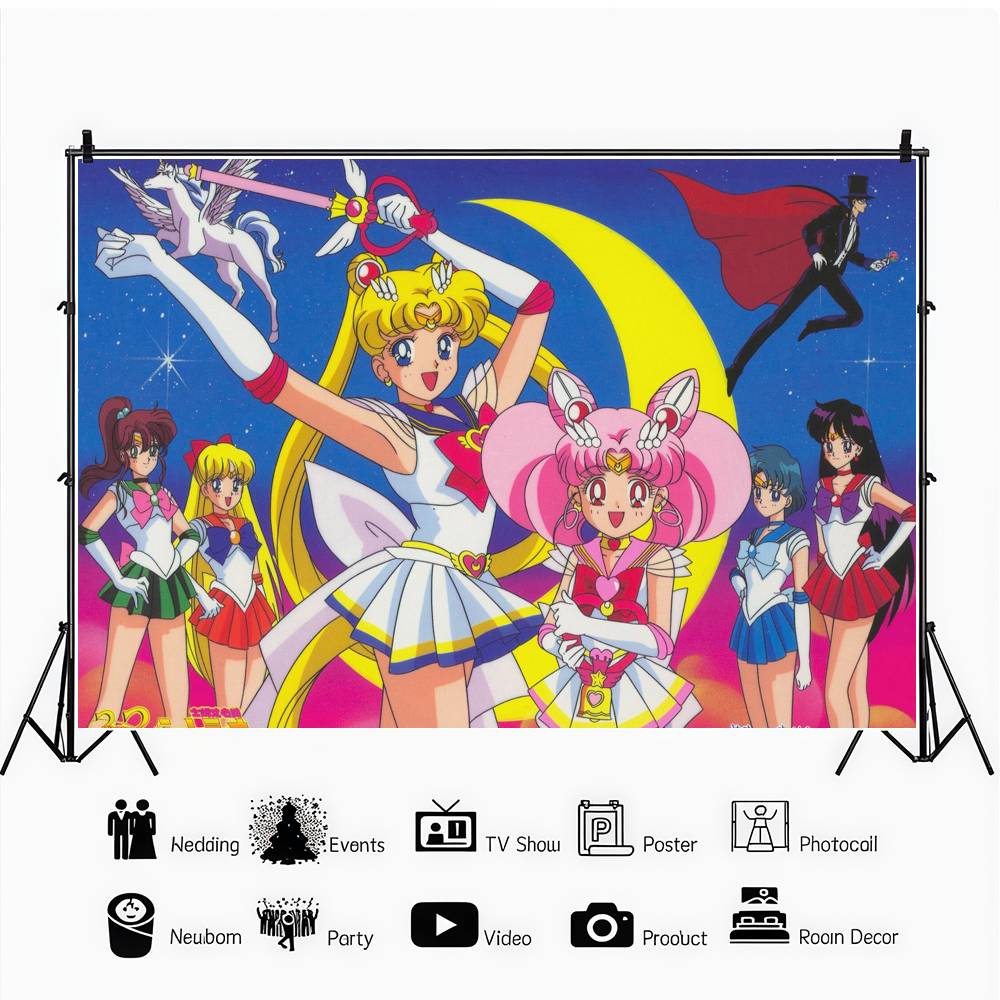 S-Sailor Moon Birthday Party Banner Backdrop Custom Children Room Photography Poster Decor Background
