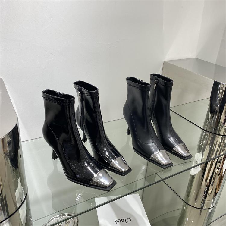 Autumn and Winter Fashion Side Zipper Boots European and American Style Metal Square Head Women's Boots Fine Heel High Heel Short Boots Women