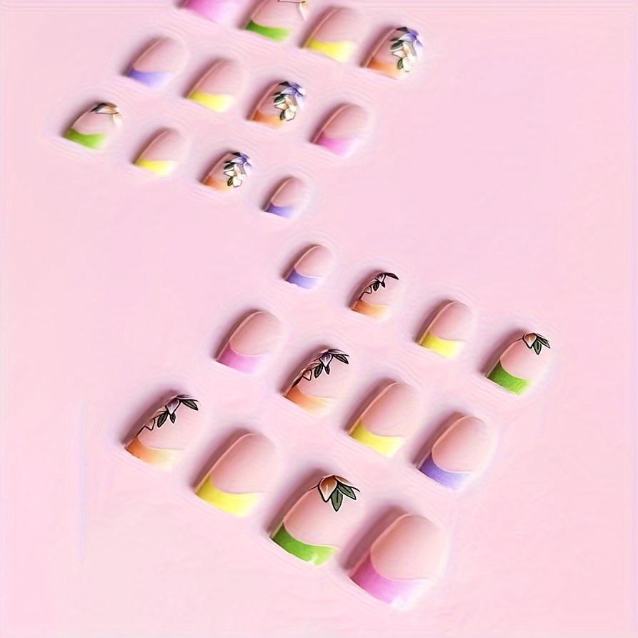 Medium Square Press On Nails French Tip Fake Nails With Summer Flower Design, Full Cover False Nails For Women And Girls
