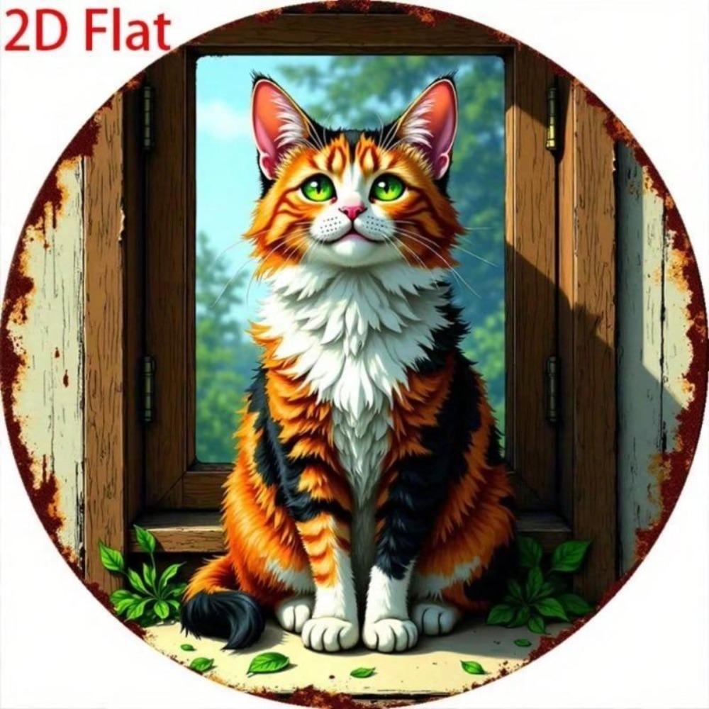 Vintage Green Eyed Cat Metal Sign with Floral Art for Home Kitchen Bar Decor