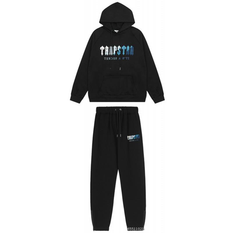 Unisex Übergroßer Hoodie Jogginghosen-Set Mit Gesticktem Handtuchstoff Farbverlauf Blau Weiß Design Fleecegefüttert Lässige Streetwear