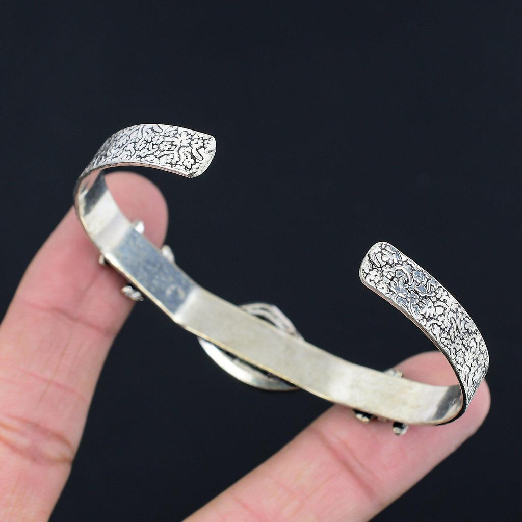 Natural Moss Moss Prehnite Sterling Silver Mother Ethnic Flower Bangle Jewelry