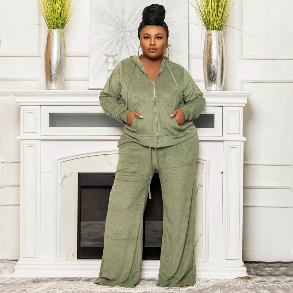 Plus Size Velvet Women's Two 2 Piece Set Outfits Fashion Curve Straight Pants Suit and Track Jacket Street Tracksuit