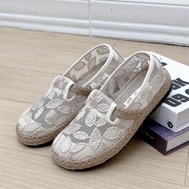 Chaussures d'été à enfiler pour femme, Espadrilles décontractées à bout rond style bohème en lin