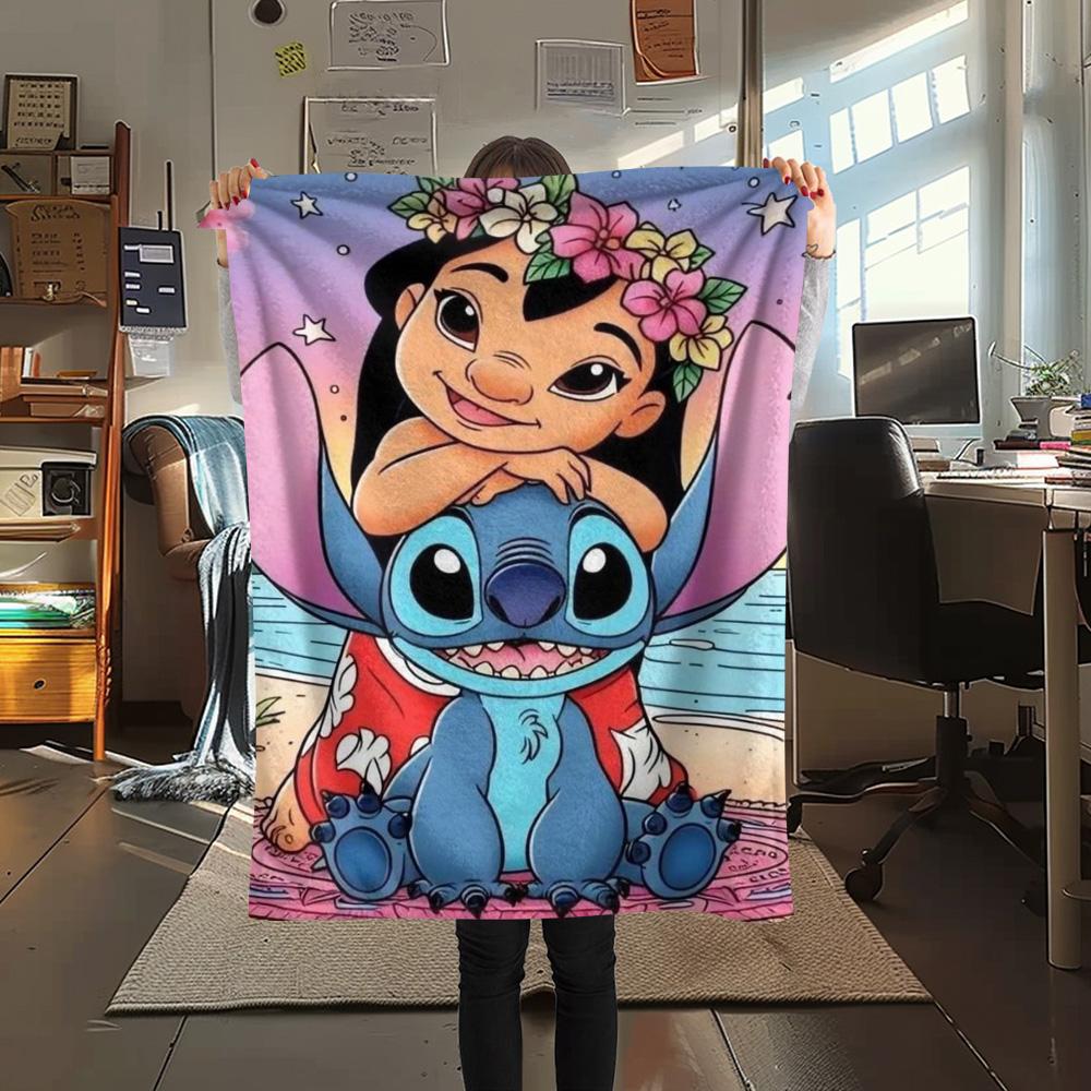 Lilo Sitting On Stitch Head Flower Crown Sunset Beach Print Flannel Blanket Soft Warm Throw Blanket For Home Sofa Bedroom Gift