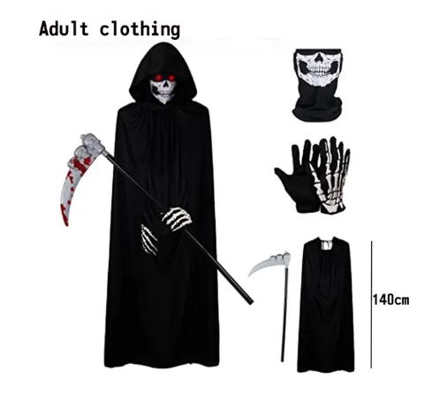 2026Halloween New Party Role Playing Children Adult Death Black Cloak Halloween Skull Ball Costume Prop Set Children Adult Gift