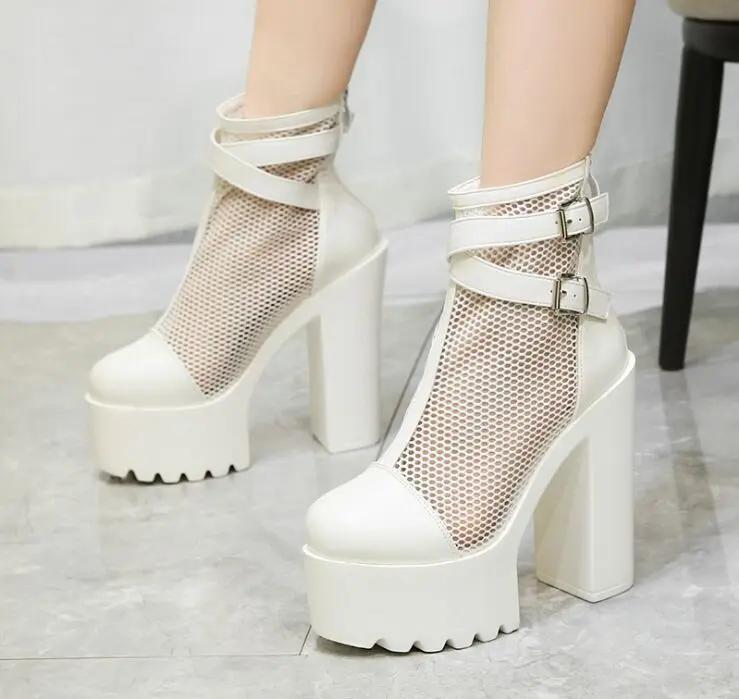 Fashion 14CM Hollow Out Women Mesh Boots High Heels Summer Autumn Sexy Nightclub Shoes Female Back Zipper Basic Boots Platform Cheap