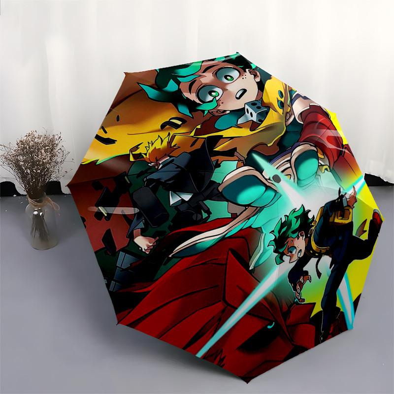 1pc My Hero Academia: Izuku Midoriya & Katsuki Bakugo Outdoor Umbrella - Automatic Opening/Closing, Portable 3-Fold Design with 8-Rib Iron Frame - Per