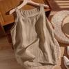 Women Crew Neck Linen Sleeveless Tank Top Solid Khaki Loose Fit Summer Casual Beach Cami Vest