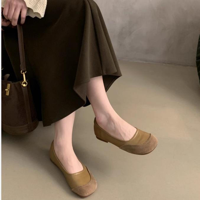 Shallow Single Shoes Women'S Retro Splicing Spring And Summer Square Head Versatile One-Pedal Temperament Mary Jane Shoes