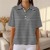 Women's Casual Short Sleeve Polo Shirt Waffle Texture Button Down Collar Top with Horizontal Stripes Pattern Suitable for Daily Wear