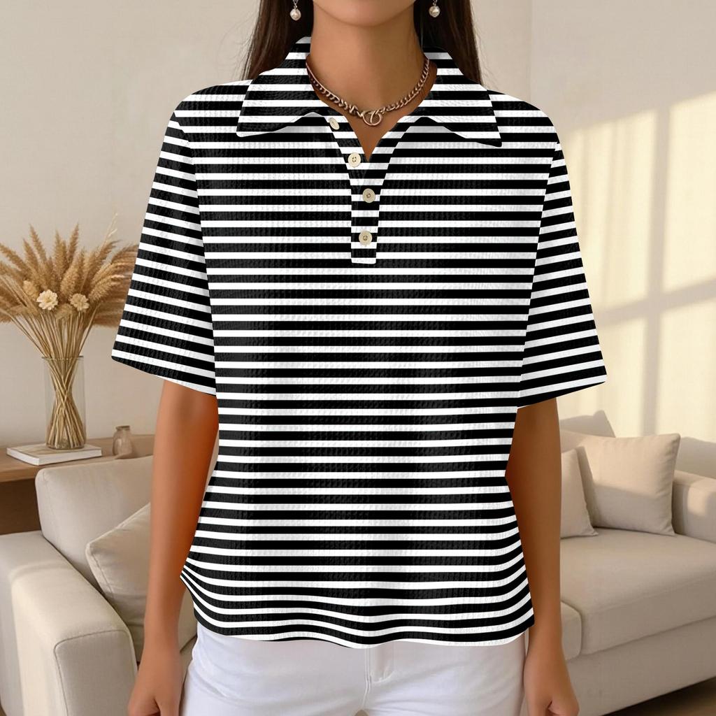 Women's Casual Short Sleeve Polo Shirt Waffle Texture Button Down Collar Top with Horizontal Stripes Pattern Suitable for Daily Wear