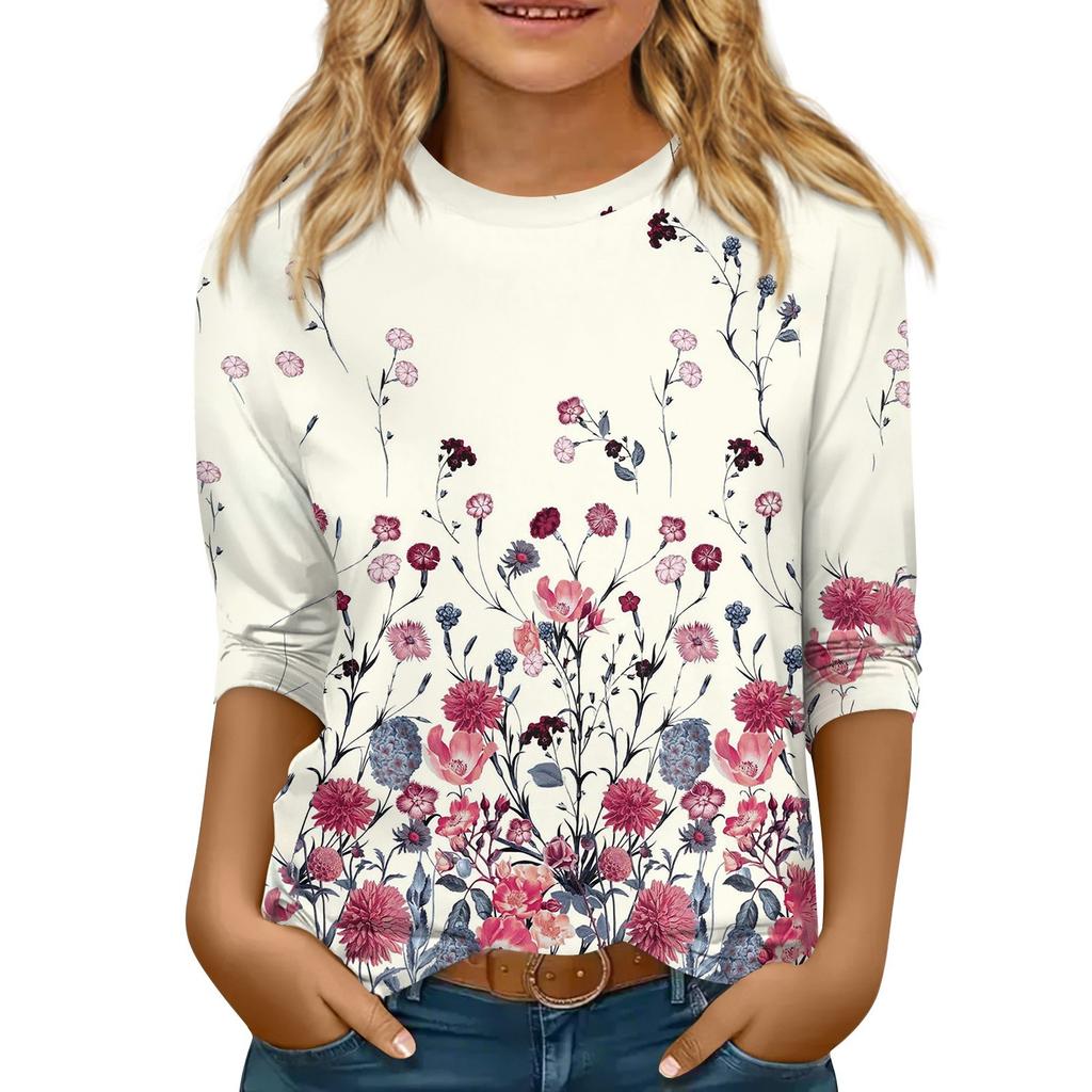 Children's 3/4 Sleeve Tops Casual  Print T Shirt Round Neck Pullover Blouse
