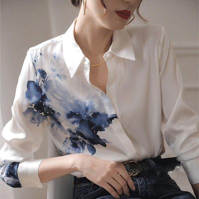Vintage Print Chiffon Women Shirt Casual Button Long Sleeve Tops Lady Satin Blouse Women Summer Fashion 2026 Casual Shirt 21807