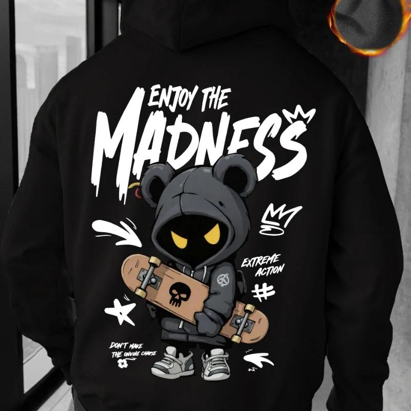 Street‑toy Men Hoodie Back Cool Bear Skate Figure Bold Brush‑font Art Print Pullover For Cool Urban City Casual Scenarios