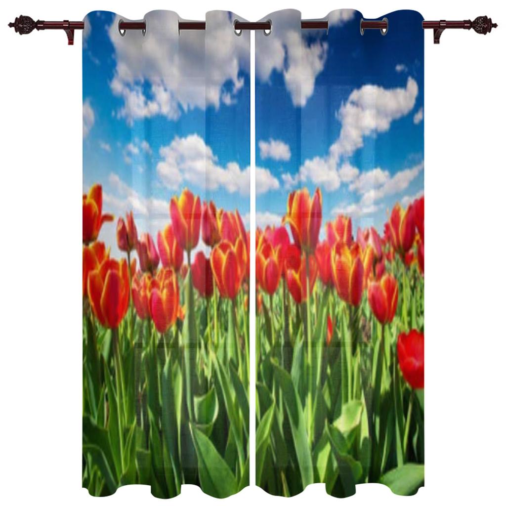 Spring Tulip Flower Plants Window Curtain Living Room Luxury Valance Curtain for Bedroom Home Kitchen Decor Curtain