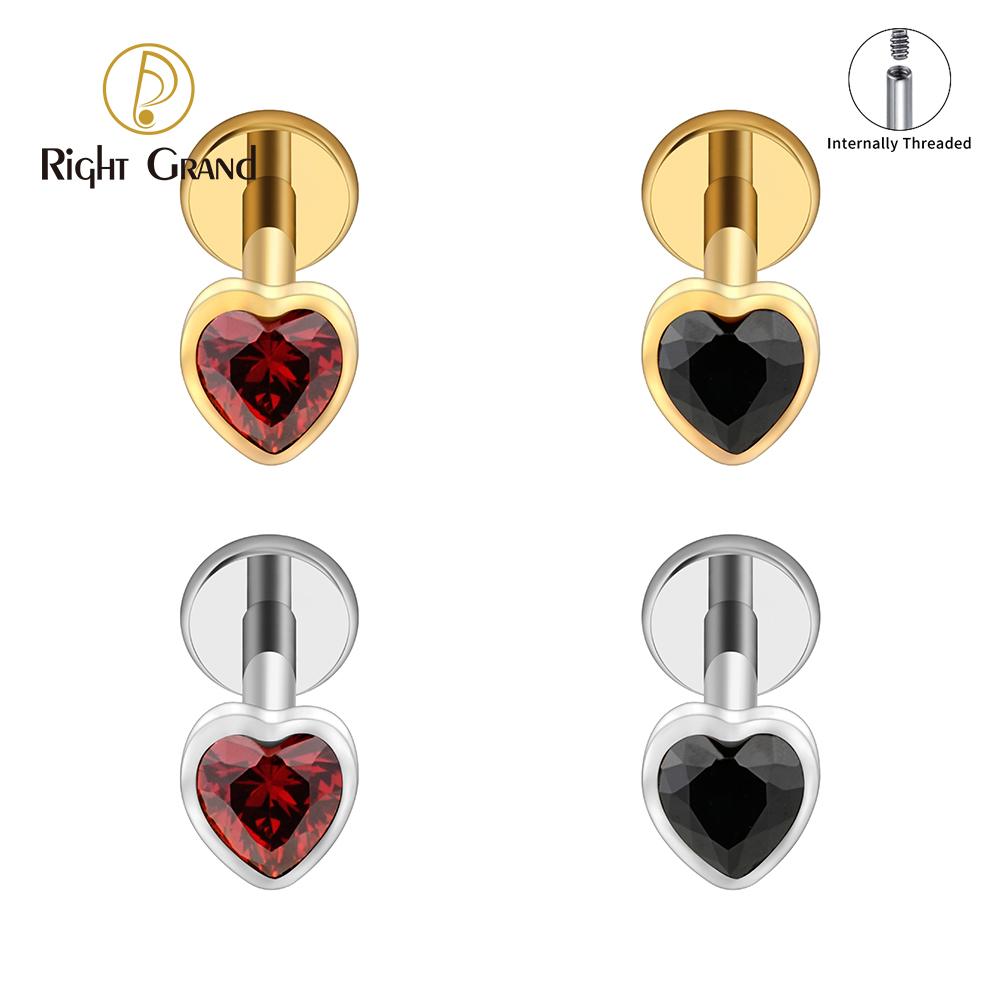 Right Grand ASTM F136 Titanium Heart Shaped CZ Flat Back Labret Stud 16G Garnet Cartilage Helix Ear Piercing Halloween Jewelry