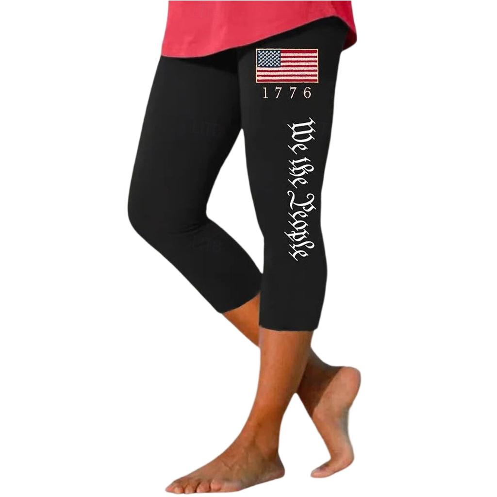 Women's Elastic Waist Capri Pants with Patriotic Heart Print Stretchy Fit Mid-Calf Length Casual Beach Bottoms