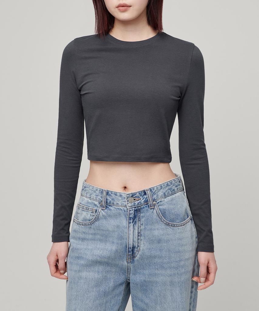 MUSINSA STANDARD WOMAN Women'S Slim Crop Crew Neck Long Sleeve T-Shirt [Dark Gray]