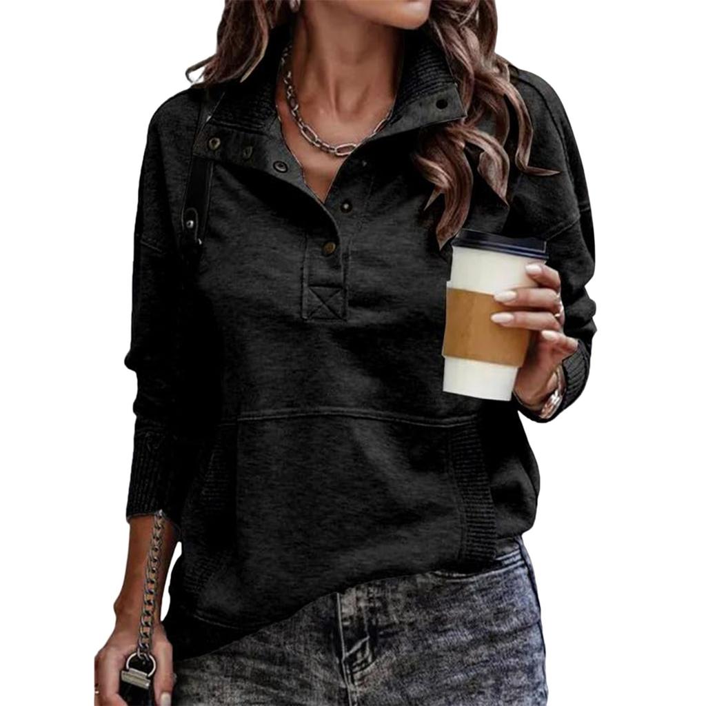 Women's Color Long Sleeve Button Front Sweatshirt with Pocket Casual Top
