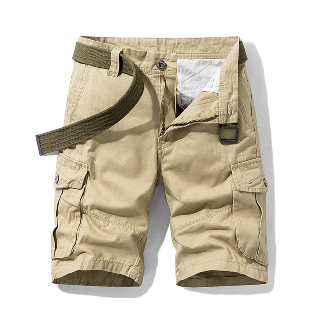Men's Solid Color Work Pants, Cotton Five Quarter Pants, Retro Washed Multi Pocket Straight Leg Work Pants