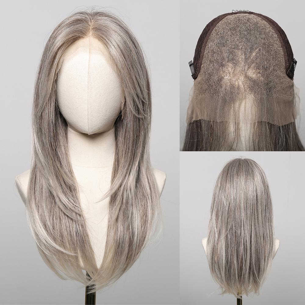 LOUIS FERRE Synthetic 13x6 Lace Wigs Long Straight Hair Gray Ombre Wigs Daily Use Party Wig for White Women Heat Resistant