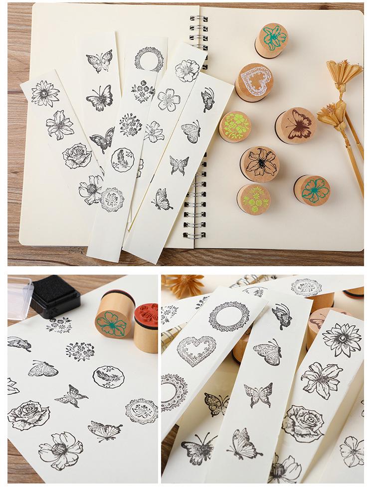 Creative Wooden Journal Stamp Set - Handmade DIY Round Lace Edge Butterfly Design