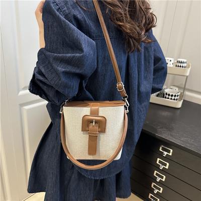 Retro Contrasting Color Portable Bucket Bag Simple Casual Large Capacity Summer Shoulder Bag Messenger Bag