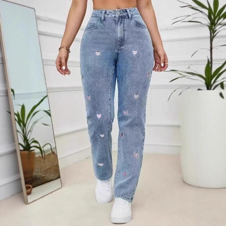 

European-American Retro Heart Embroidery Stretch Straight-Leg Jeans for Women Extra Large