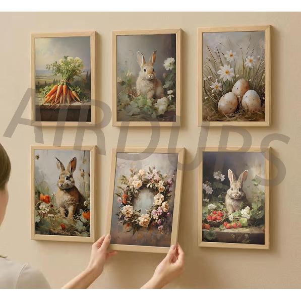 6Pcs Retro Bunny Easter Canvas Wall Art Easter Eggs Wreath Posters Prints Paintings Rustic Countryside farmhouse Pictures Wall Decor for Living Room