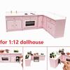 Dollhouse Miniature Furniture Kitchen Wooden Pink Cabinet Sink Counters Dollhouse Decoration