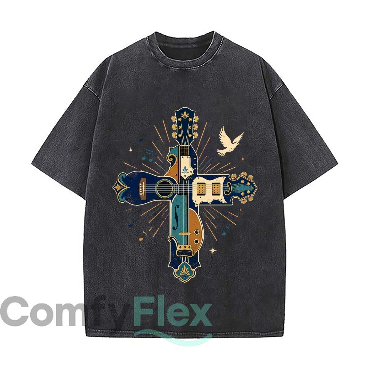 Faith Music Cross Guitar Emblem Washed Faded Vintage Short Sleeve Fashion Versatile Daily Tee S