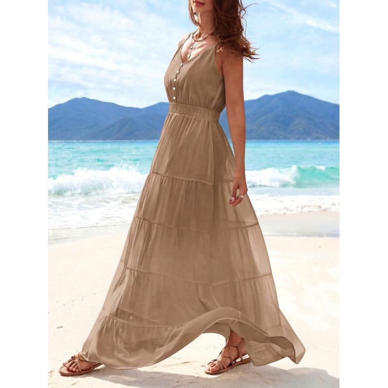 Europe, America 2026 Summer New Simple High Waist and Thin Casual Beach Vacation Suspender Dress
