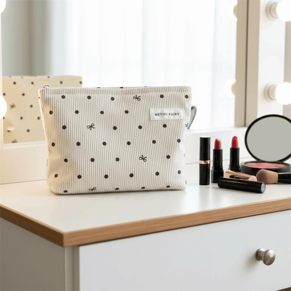 Travel Zipper Makeup Bag with Bow Pattern Large Capacity Storage Bag Corduroy Toiletry Bag Outdoor